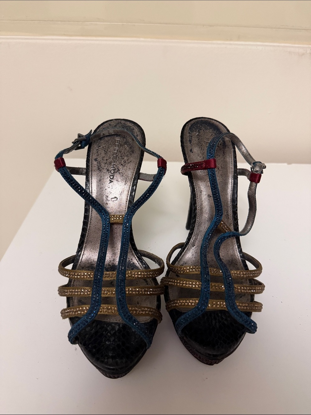 Pelle Moda Black Snake-Print Multicolor Strappy High Heels
